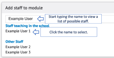A screenshot of the 'Add staff to module' section on the Module staff tab. Tags indicate how to search for a user.